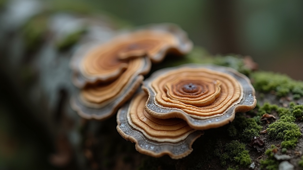 Close documentary photo of layered concentric turkey-tail fungus (Trametes versi
