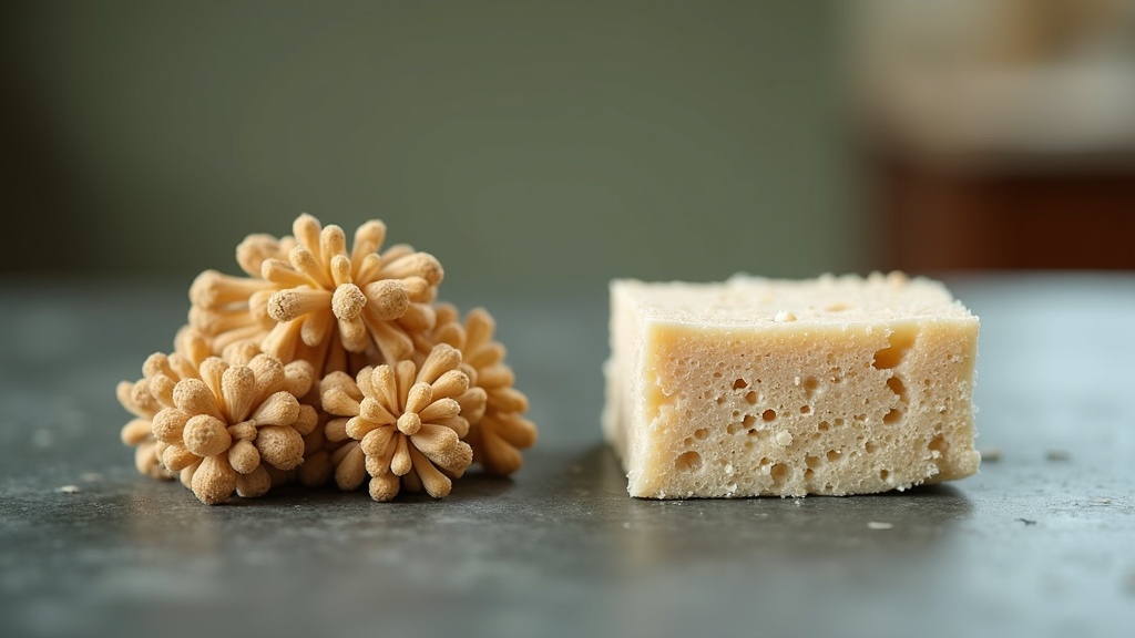 Side-by-side documentary comparison on a slate kitchen counter: a clump of dried