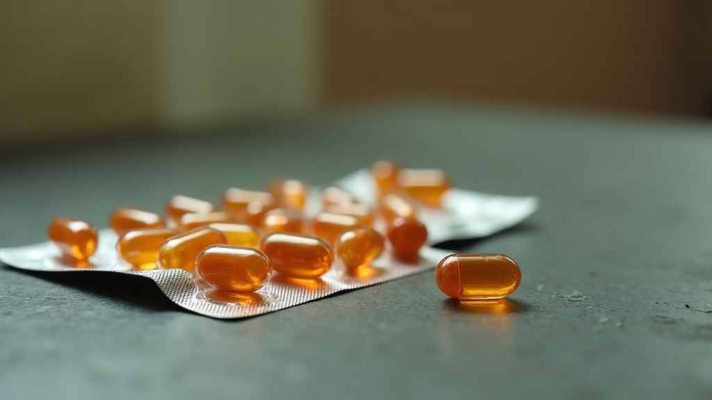Tight macro close-up of an unbranded blister pack of small amber capsules restin