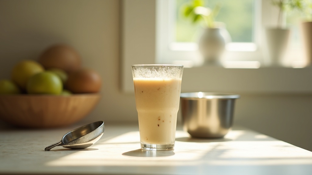Lifestyle context still-life, eye-level on a sunlit kitchen counter: a glass of 
