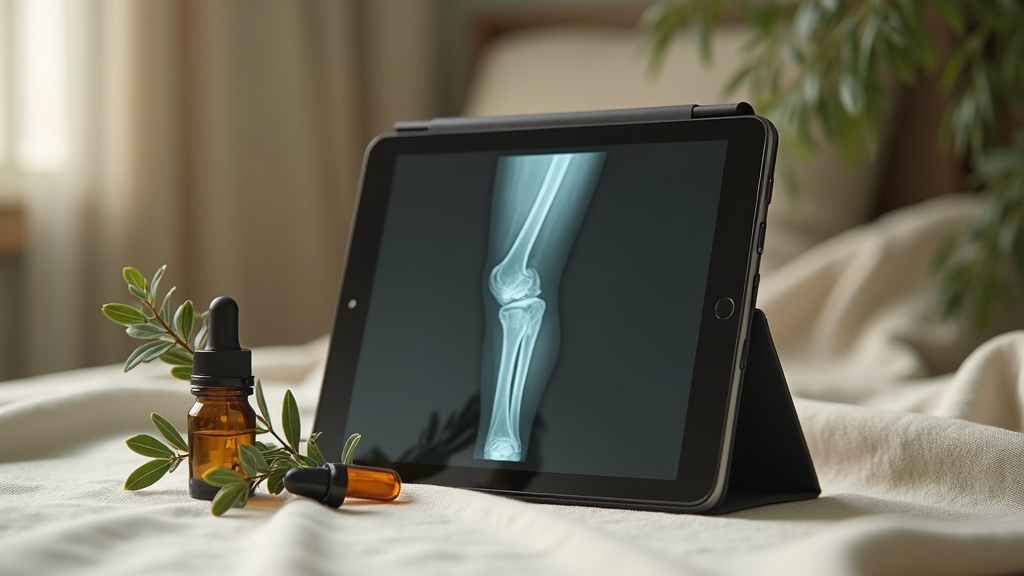 Still life on a neutral linen surface: a tablet showing a black-and-white knee X