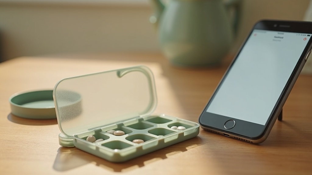 A soft-daylight photo of an open weekly pill organizer on a wooden table, the mo
