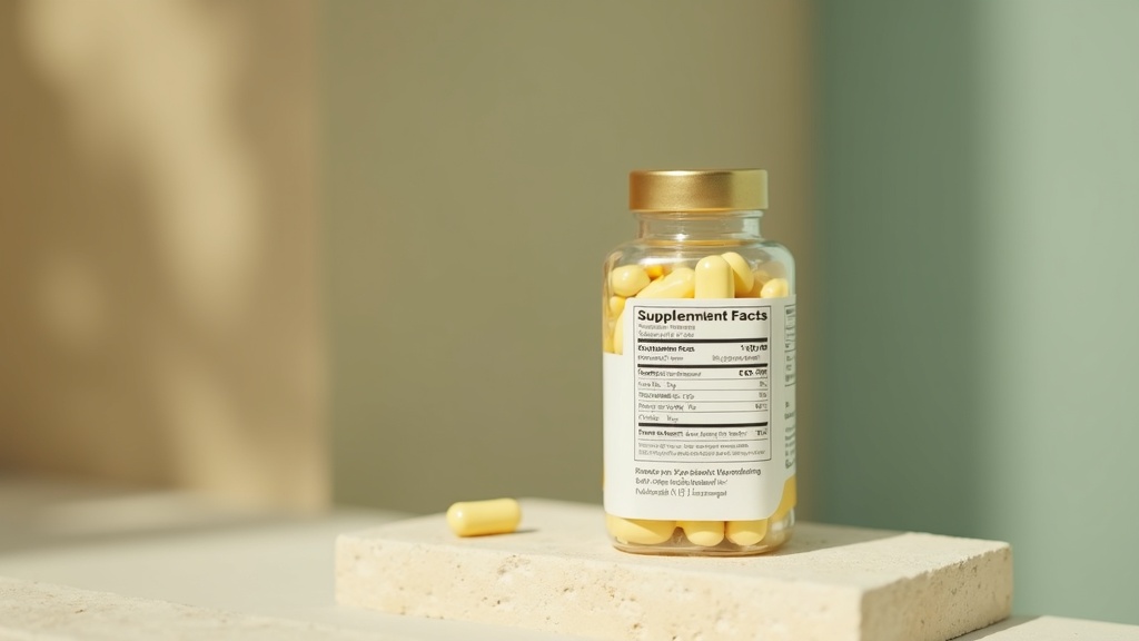 Close-up macro shot of a single supplement bottle with a clearly legible supplem