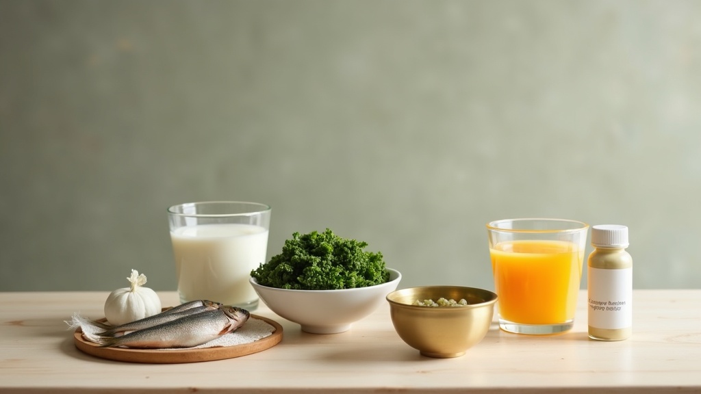 Still life on a pale wood kitchen counter showing one cup of milk, a small bowl