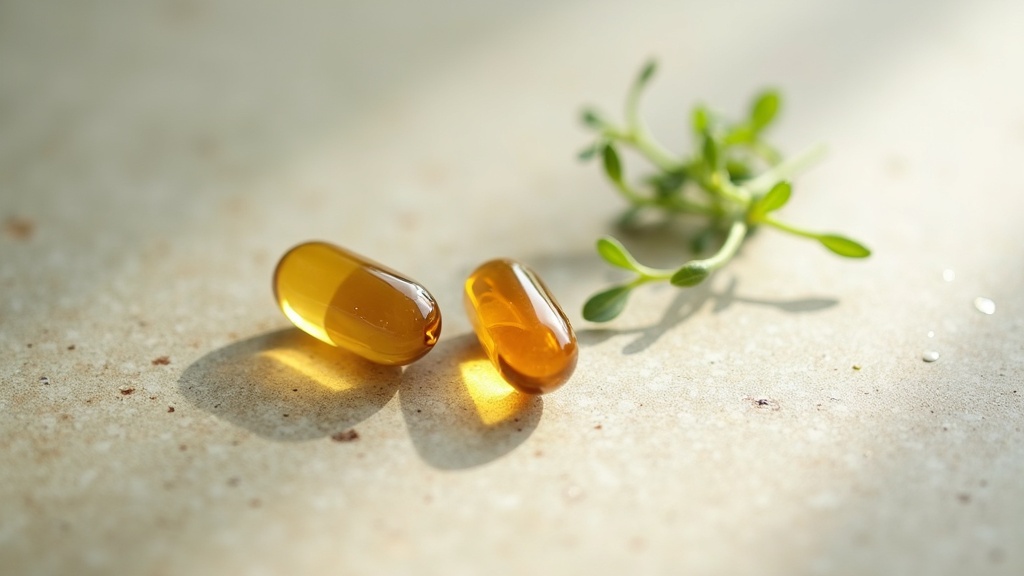 Editorial still-life, top-down on a neutral stone surface: a single amber softge