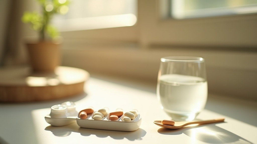 Lifestyle context still-life, eye-level on a sunlit kitchen counter: a glass of 