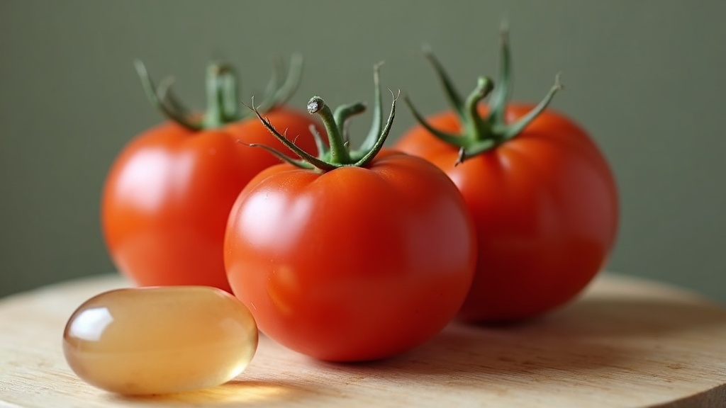 UV documentary close-up of three ripe red tomatoes on a wooden cutting board nex