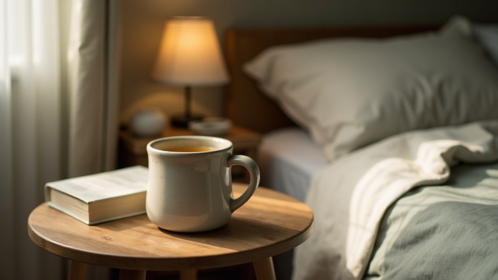 Documentary lifestyle still life of a quiet bedside corner in soft warm lamp lig