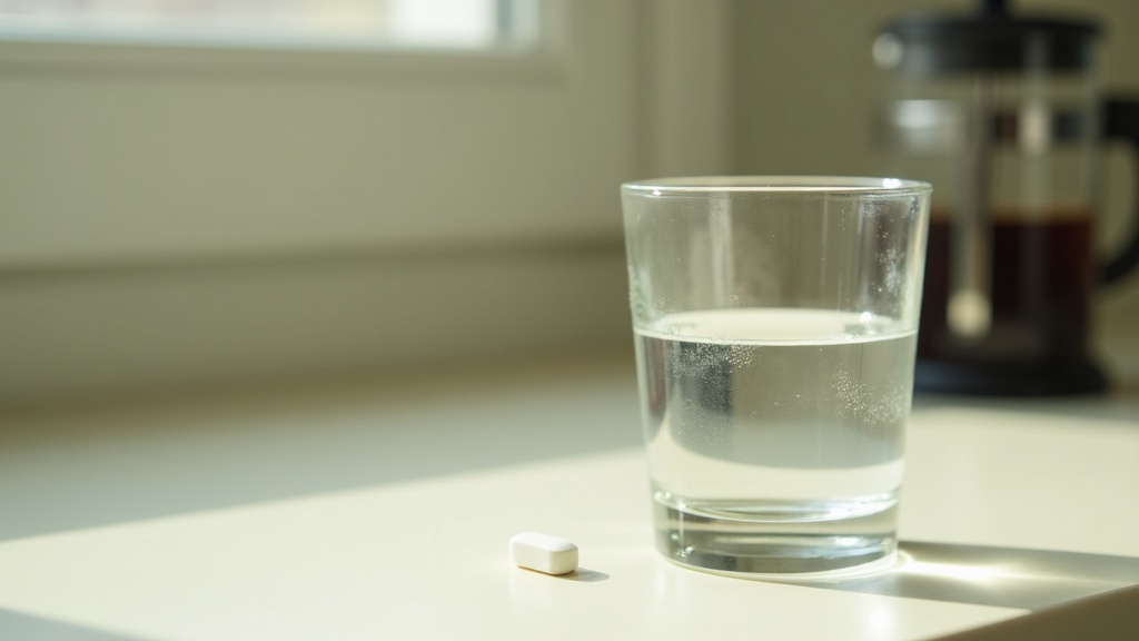 A close, realistic daylight still life of a single small white thyroid tablet be