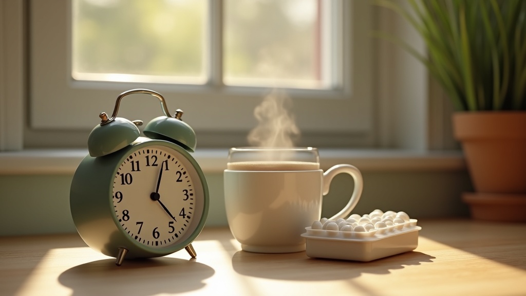 A realistic morning kitchen scene in soft daylight showing a kitchen clock or ph