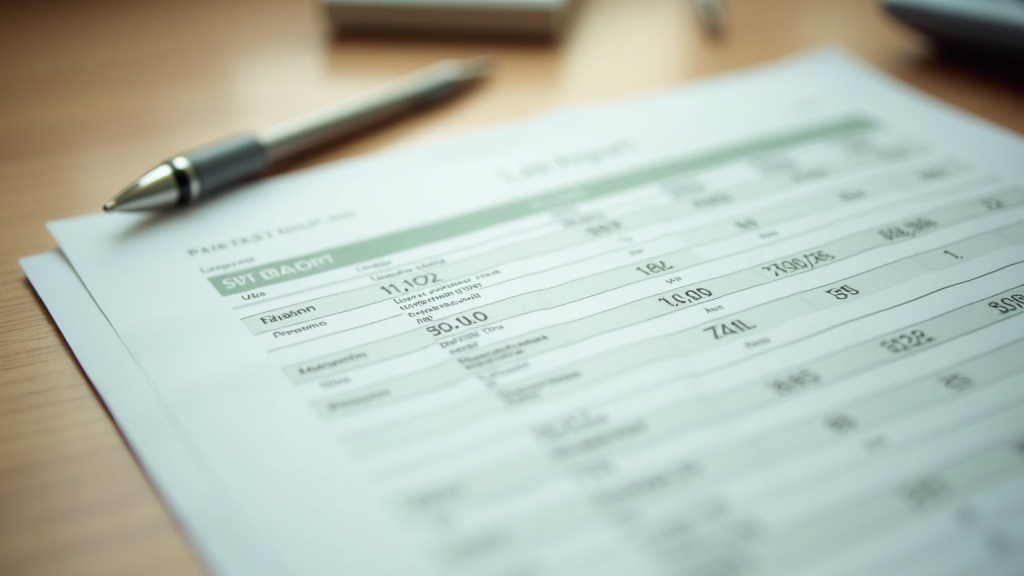 Overhead documentary shot of a printed lab report on a wooden desk showing label