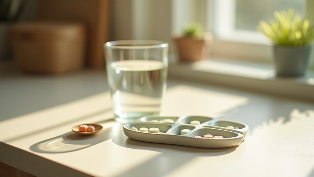 Lifestyle context still-life, eye-level on a sunlit kitchen counter: a glass of