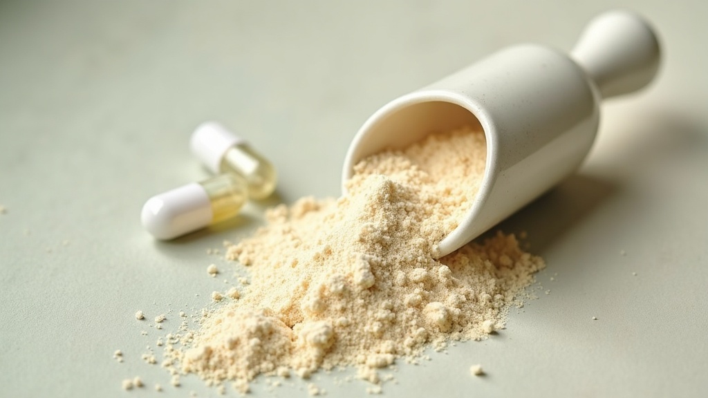 Close-up overhead shot of hydrolyzed collagen powder spilled from a small cerami