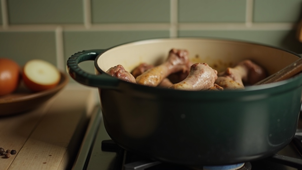 A heavy enameled cast-iron pot simmering on a quiet stovetop with beef knuckle b