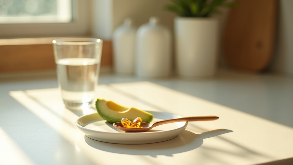 Lifestyle context still-life, eye-level on a sunlit kitchen counter: a glass of