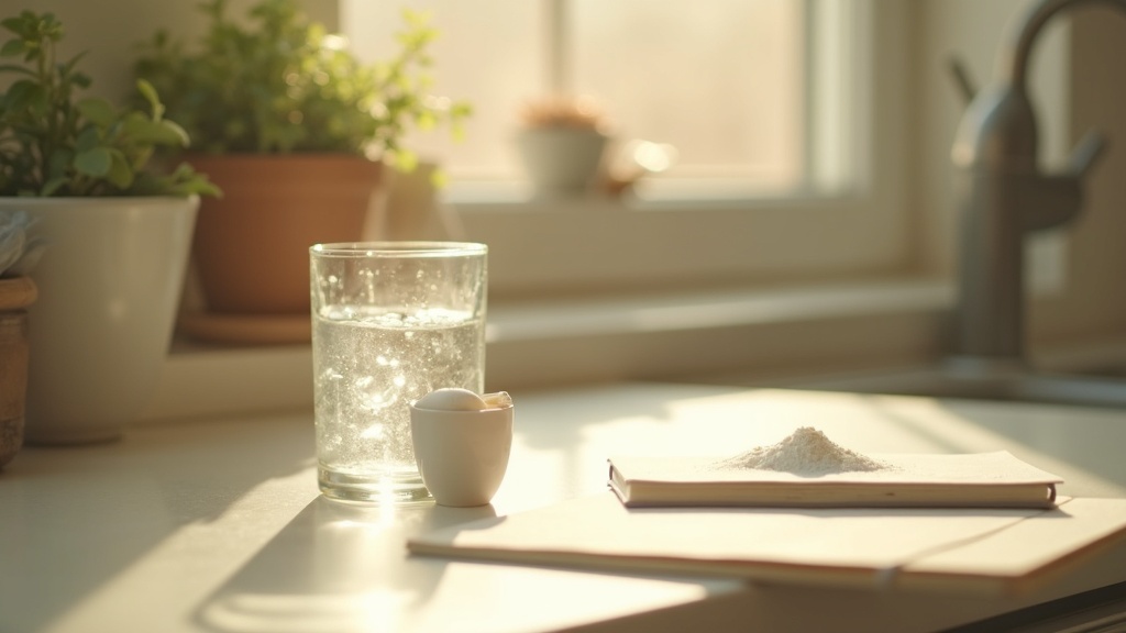 Lifestyle context still-life, eye-level on a sunlit kitchen counter: a glass of