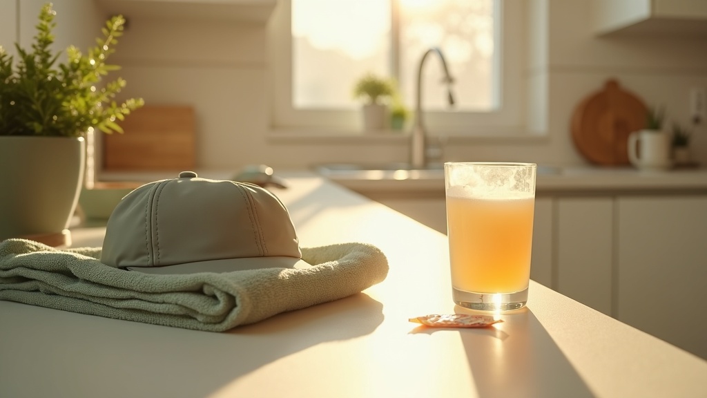 Lifestyle context still-life, eye-level on a sunlit kitchen counter: a running c
