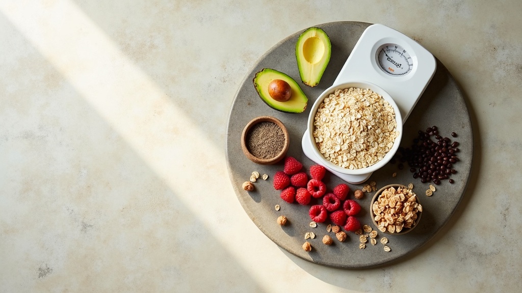 A flat-lay of high-fiber whole foods on a pale stone surface in natural light: b