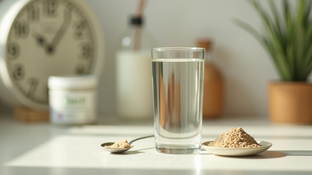 A close, calm daylight photograph of a tall glass of water beside a stirred spoo