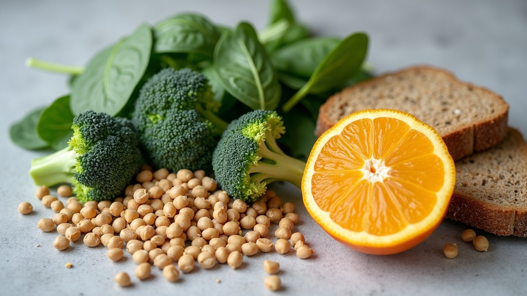 Daylight documentary still life of folate-rich whole foods arranged on a light g