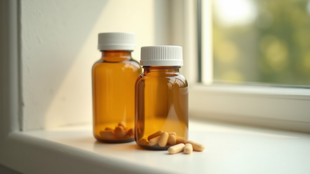 Close documentary photograph of two plain amber supplement bottles side by side 