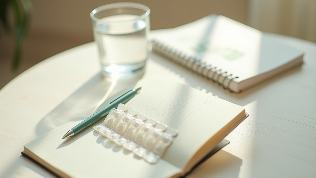 Overhead daylight photograph of a simple weekly pill organizer on a pale wooden 