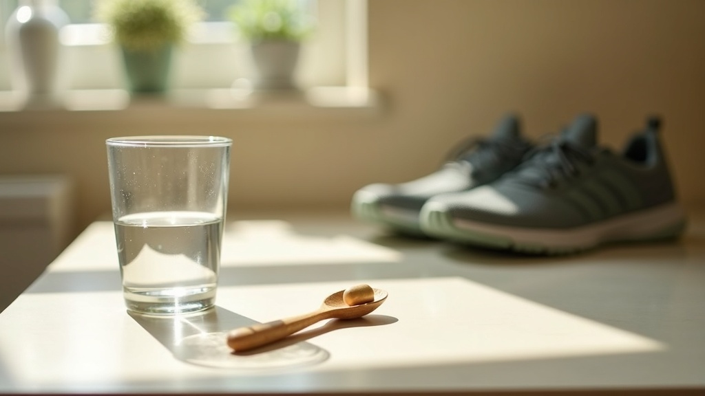Lifestyle context still-life, eye-level on a sunlit kitchen counter: a glass of 