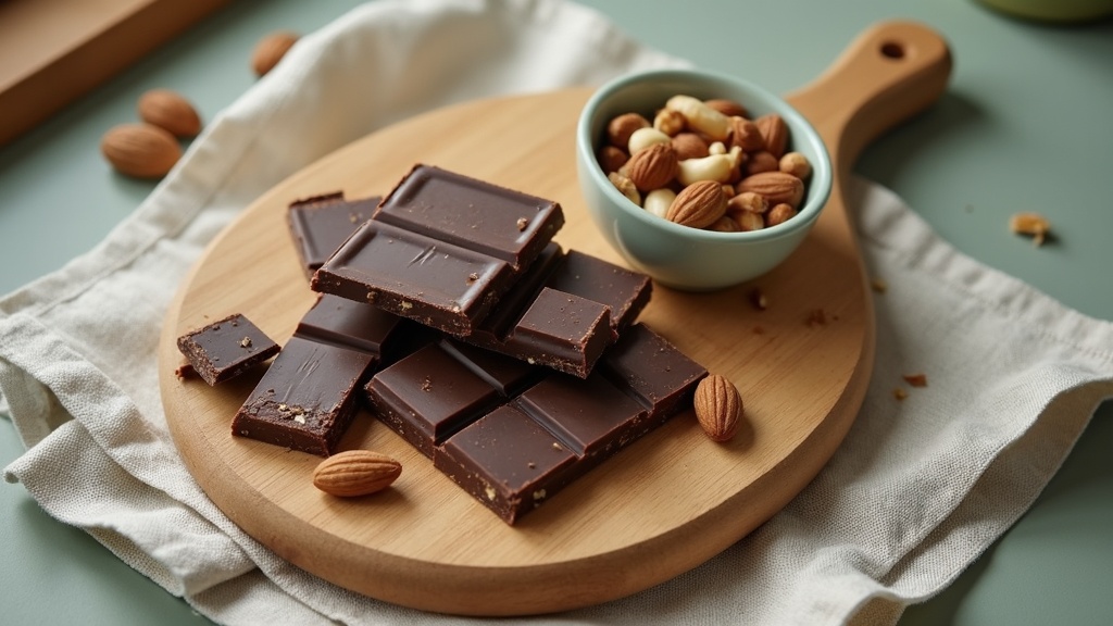Overhead documentary shot of dark chocolate squares broken on a wooden cutting b