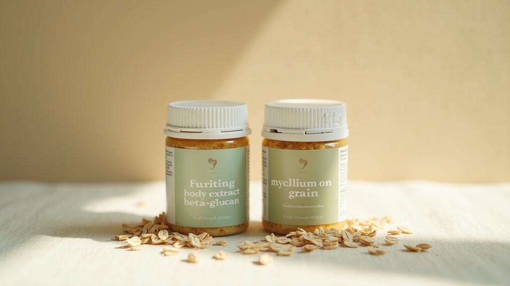 Close-up daylight still life of two supplement labels side by side on a pale lin