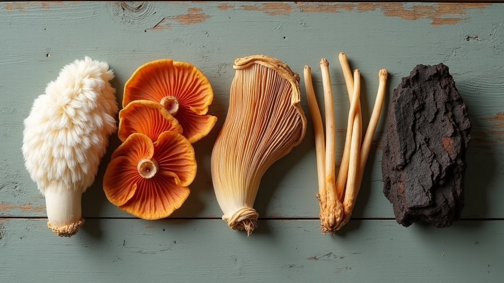 Documentary-style flat lay of five distinct dried medicinal mushrooms arranged i
