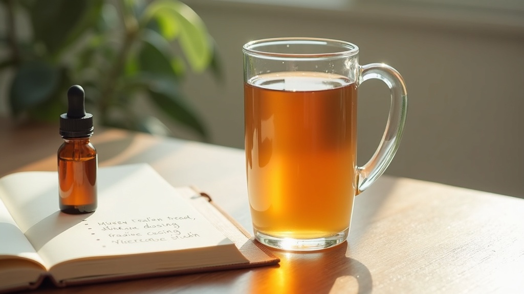 Soft-lit photo of a clear glass mug of dark mushroom extract tea beside an open