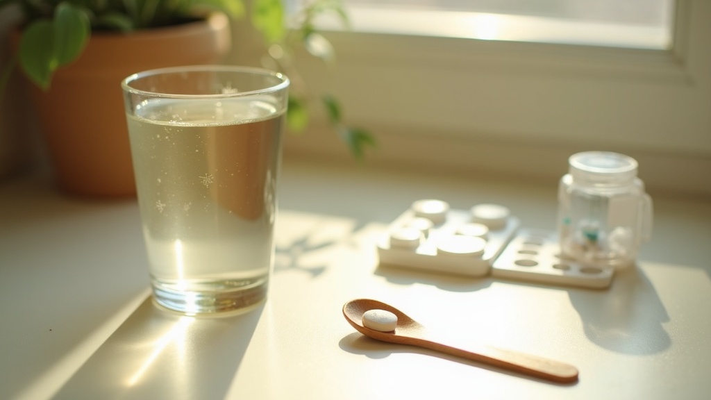Lifestyle context still-life, eye-level on a sunlit kitchen counter: a glass of 