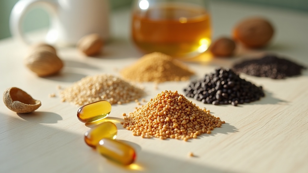 Documentary close-up of amber fish oil softgels arranged next to small piles of