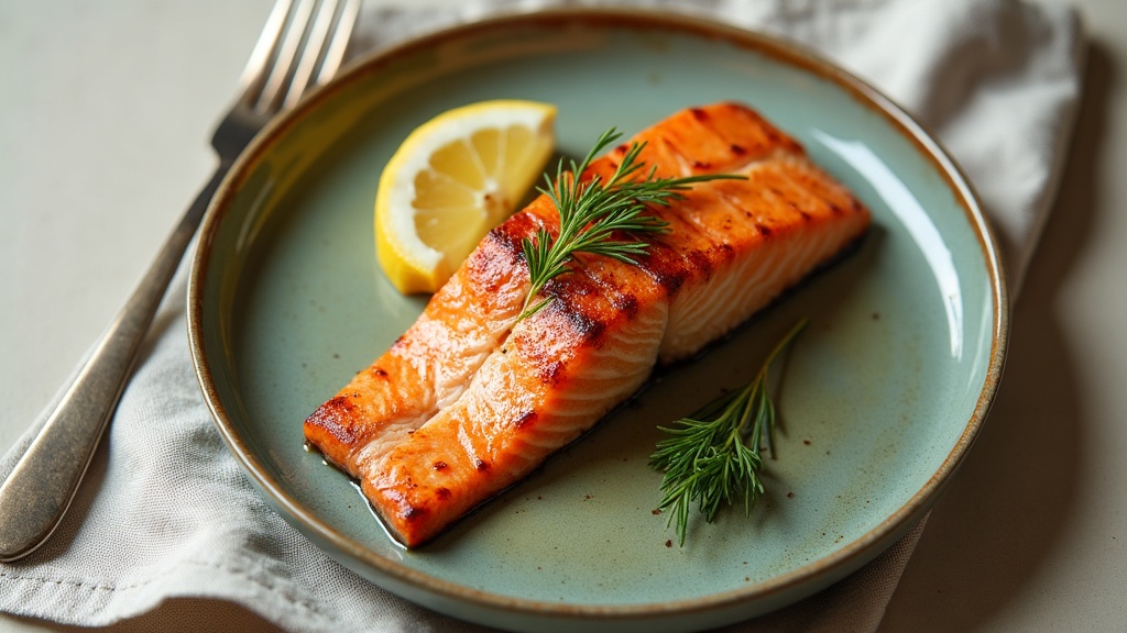 Editorial top-down shot of a simply seared salmon fillet on a ceramic plate with