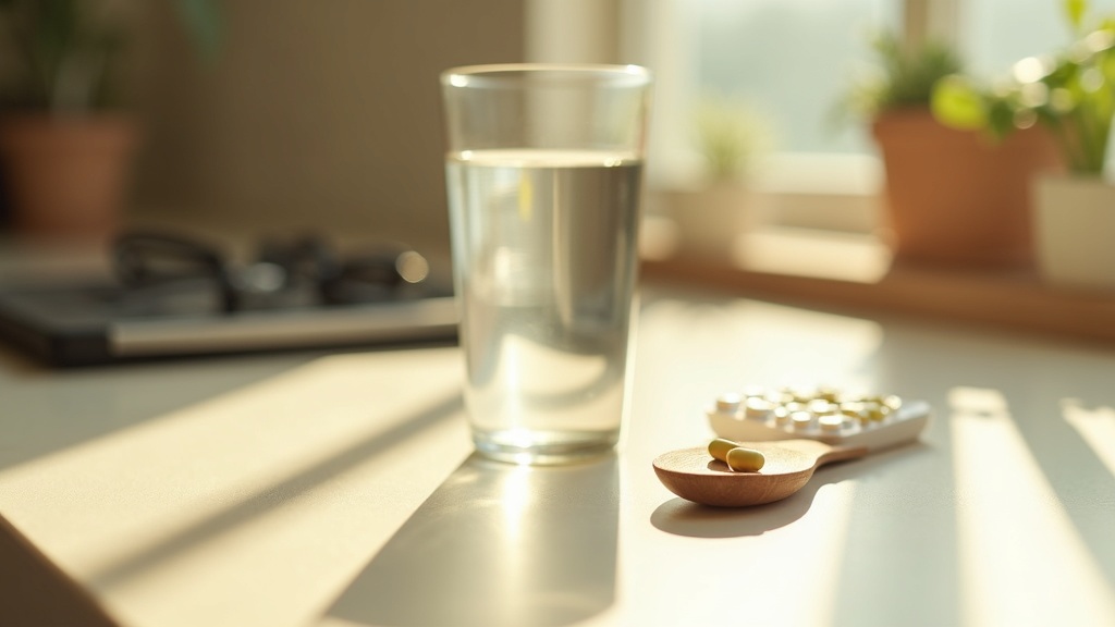 Lifestyle context still-life, eye-level on a sunlit kitchen counter: a glass of 