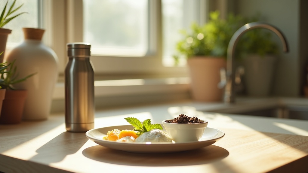 Lifestyle context still-life, eye-level on a sunlit kitchen counter: a stainless