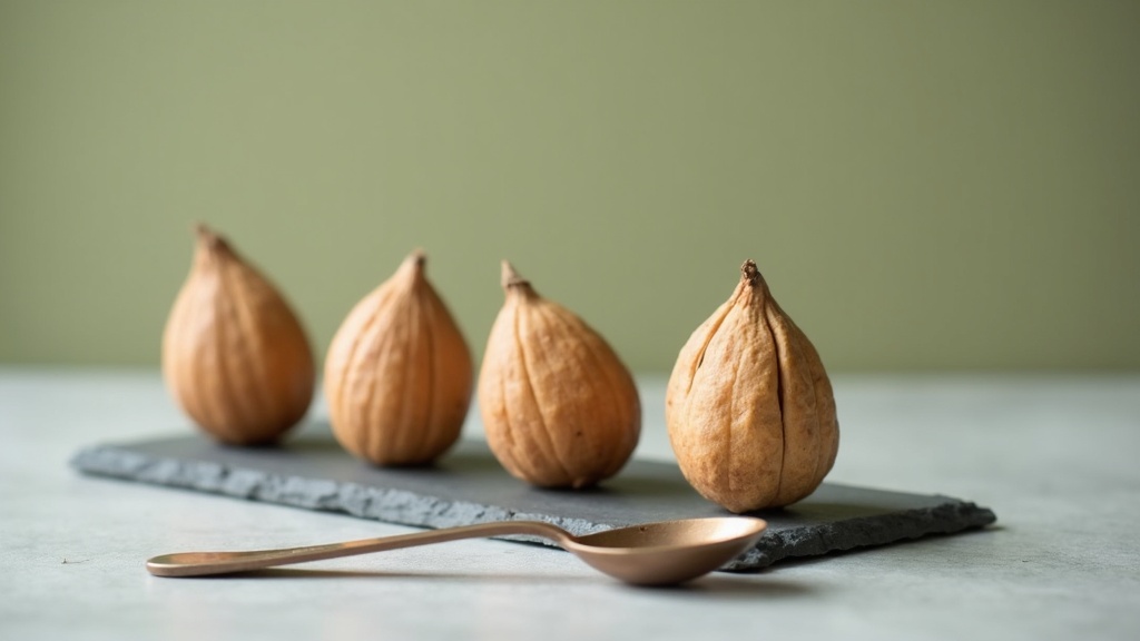Realistic daylight photo of three shelled Brazil nuts of visibly different sizes