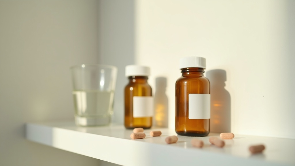 Natural daylight photo of two unlabeled amber supplement bottles and a scatter o