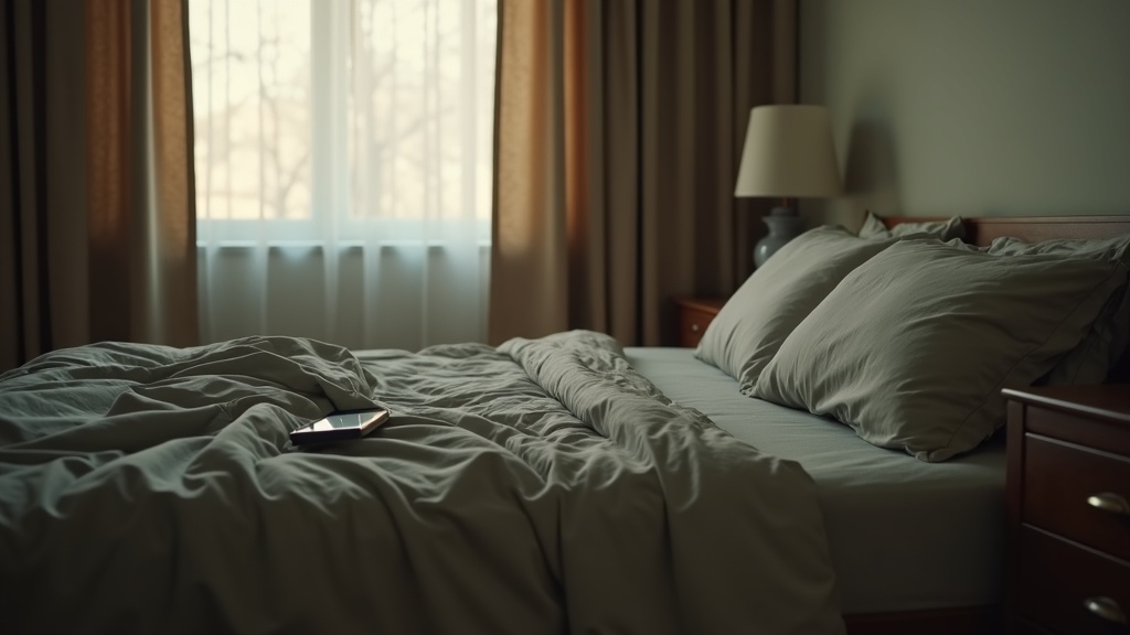 Documentary still life of a tidy dark bedroom set up for good sleep hygiene in s