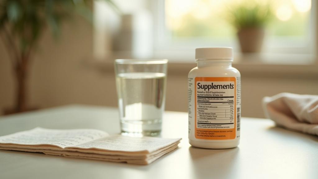 Realistic daylight photo of an open prenatal vitamin bottle beside a printed sup