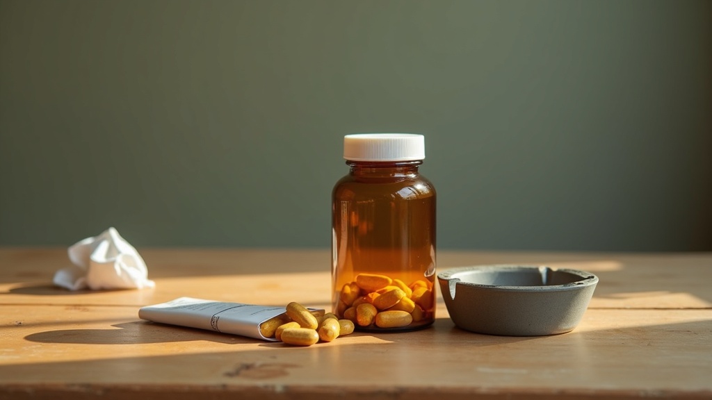 Documentary daylight photo of an amber supplement bottle of high-dose beta-carot