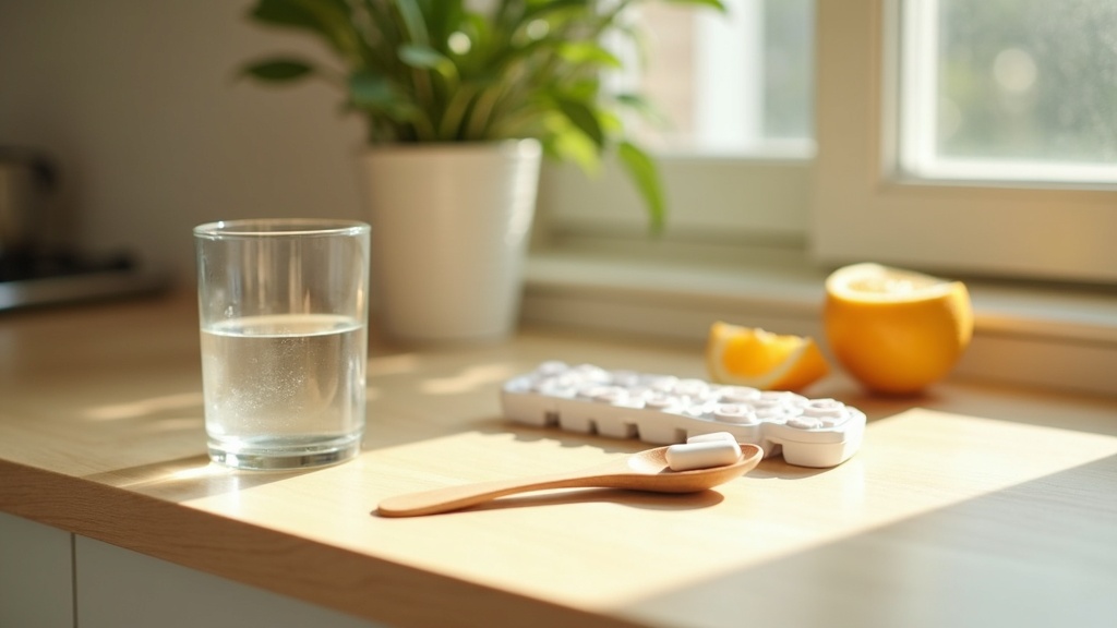 Lifestyle context still-life, eye-level on a sunlit kitchen counter: a glass of 