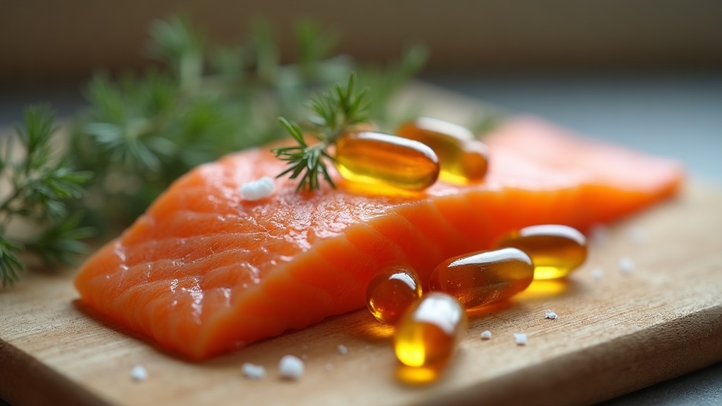 Close-up macro of clear amber D3 softgels next to a raw wild salmon fillet on a 