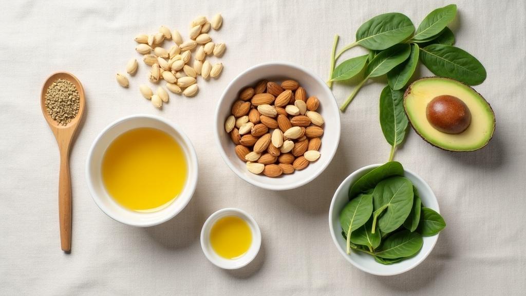 An overhead flat lay of vitamin E food sources on a light linen surface: a bowl 