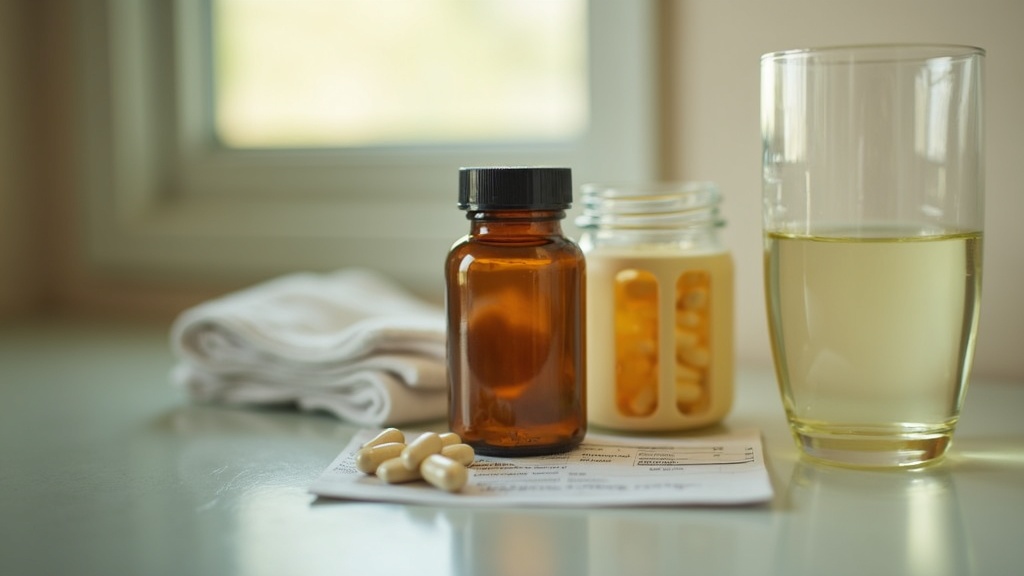 A close-up of an amber supplement bottle next to a daily pill organizer and a gl