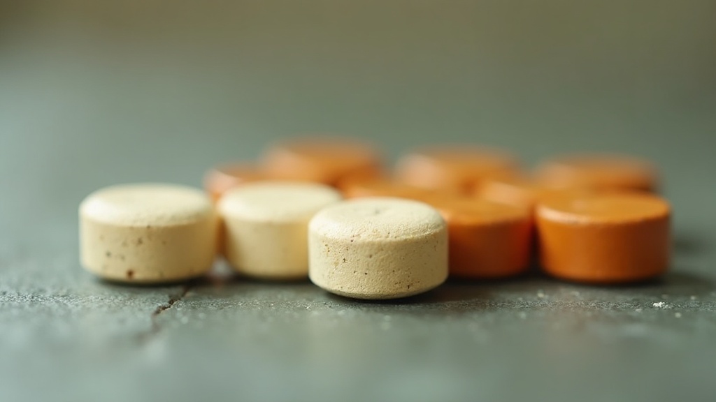 Close-up of round zinc acetate lozenges next to amber zinc picolinate capsules o