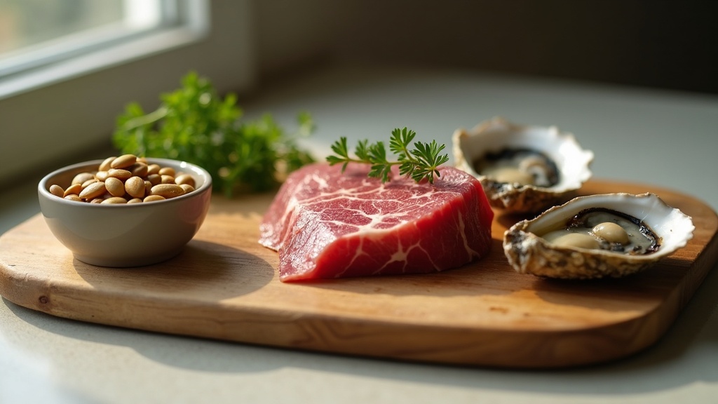 Wooden cutting board with a small bowl of raw pumpkin seeds, a trimmed cut of gr