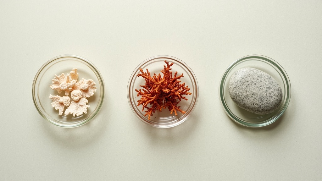Editorial comparison still-life, top-down on a neutral stone surface: three smal