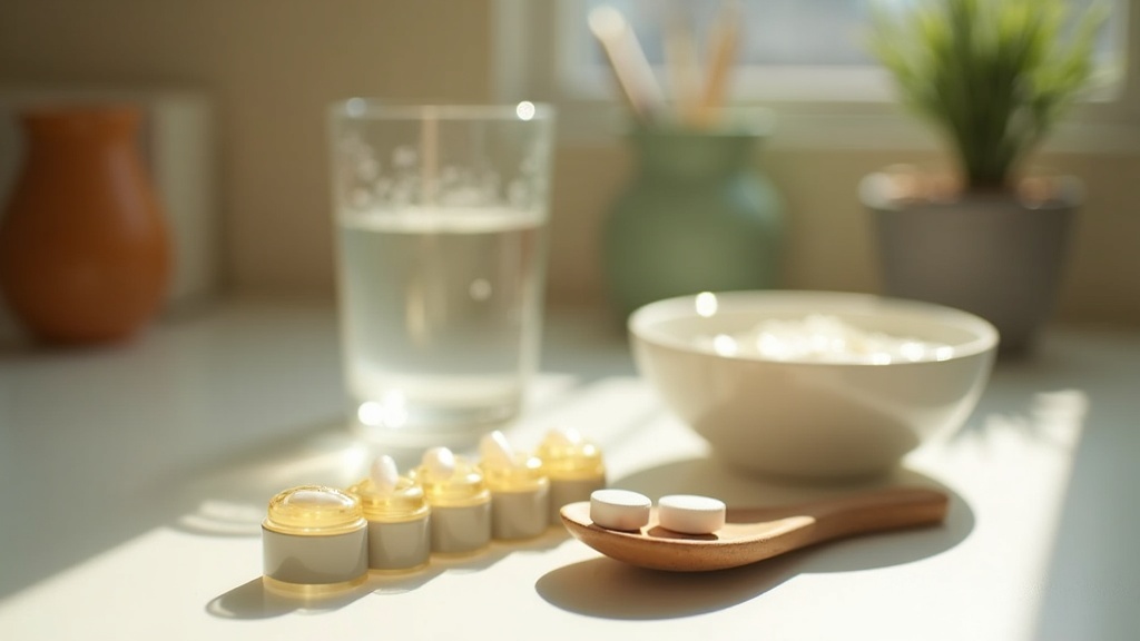 Lifestyle context still-life, eye-level on a sunlit kitchen counter: a glass of
