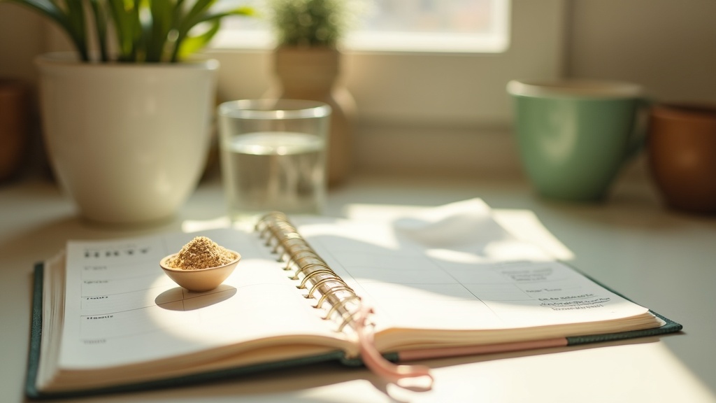 Lifestyle context still-life, eye-level on a sunlit kitchen counter: a glass of 
